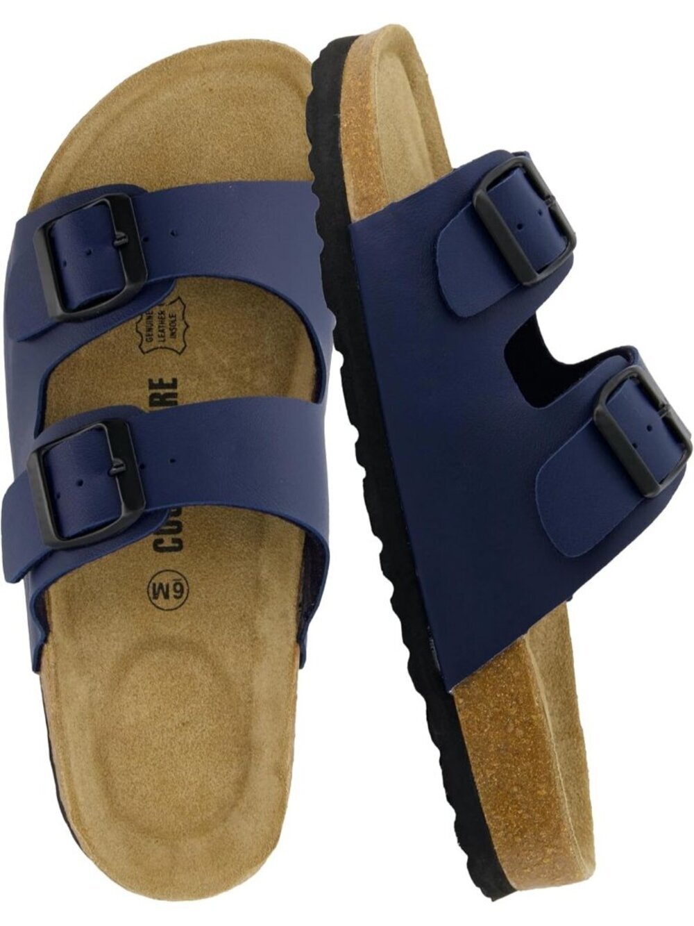 Women's Navy Nappa Footbed Sandals Comfort Double Buckle Two Strap Flats Shoes